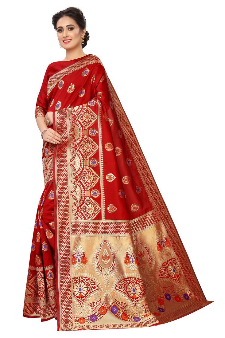 Red woven art silk saree with blouse