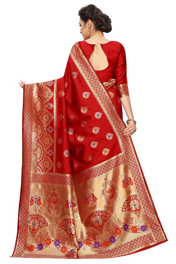 Red woven art silk saree with blouse