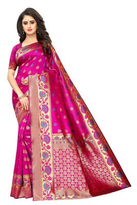 Pink woven art silk saree with blouse 1