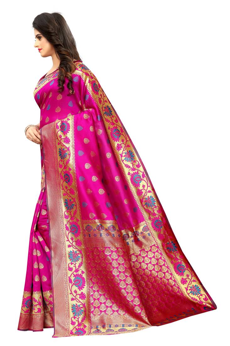 Pink woven art silk saree with blouse