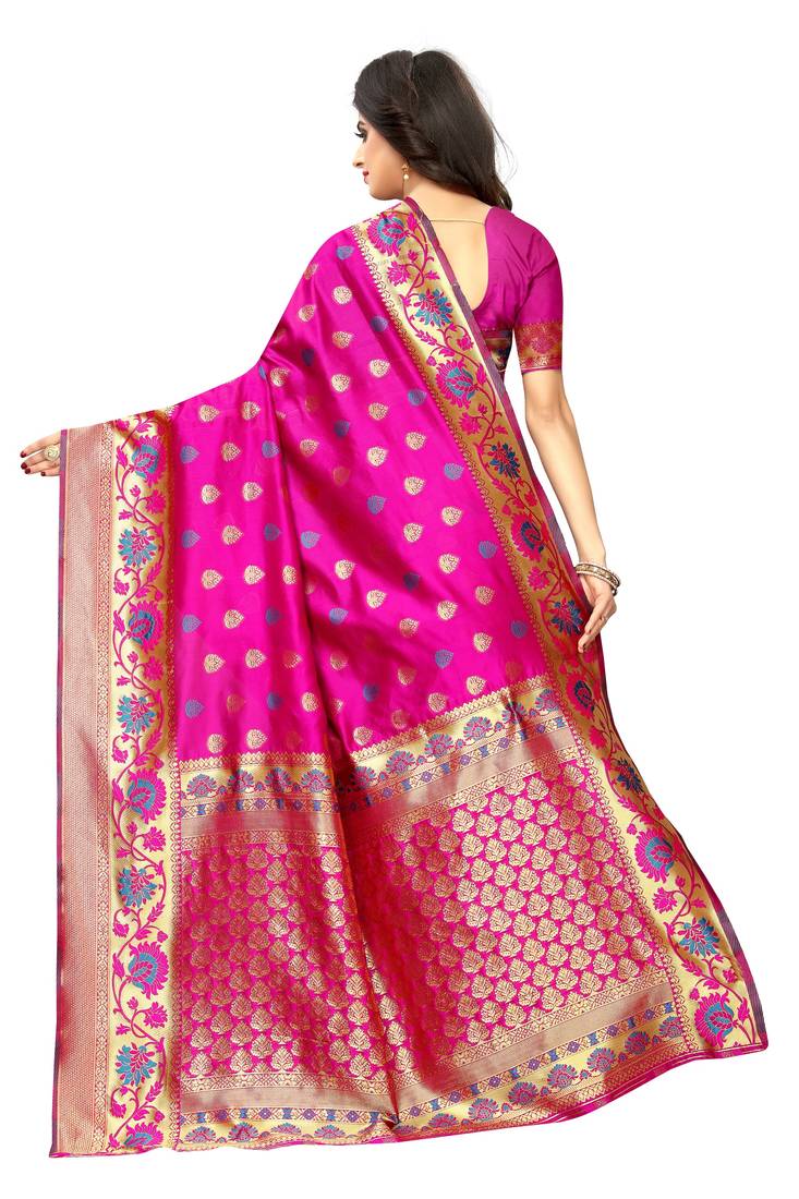 Pink woven art silk saree with blouse