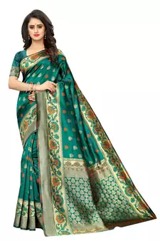 green woven art silk saree with blouse