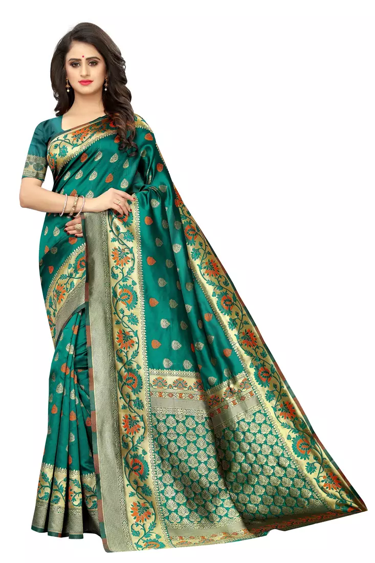 green woven art silk saree with blouse