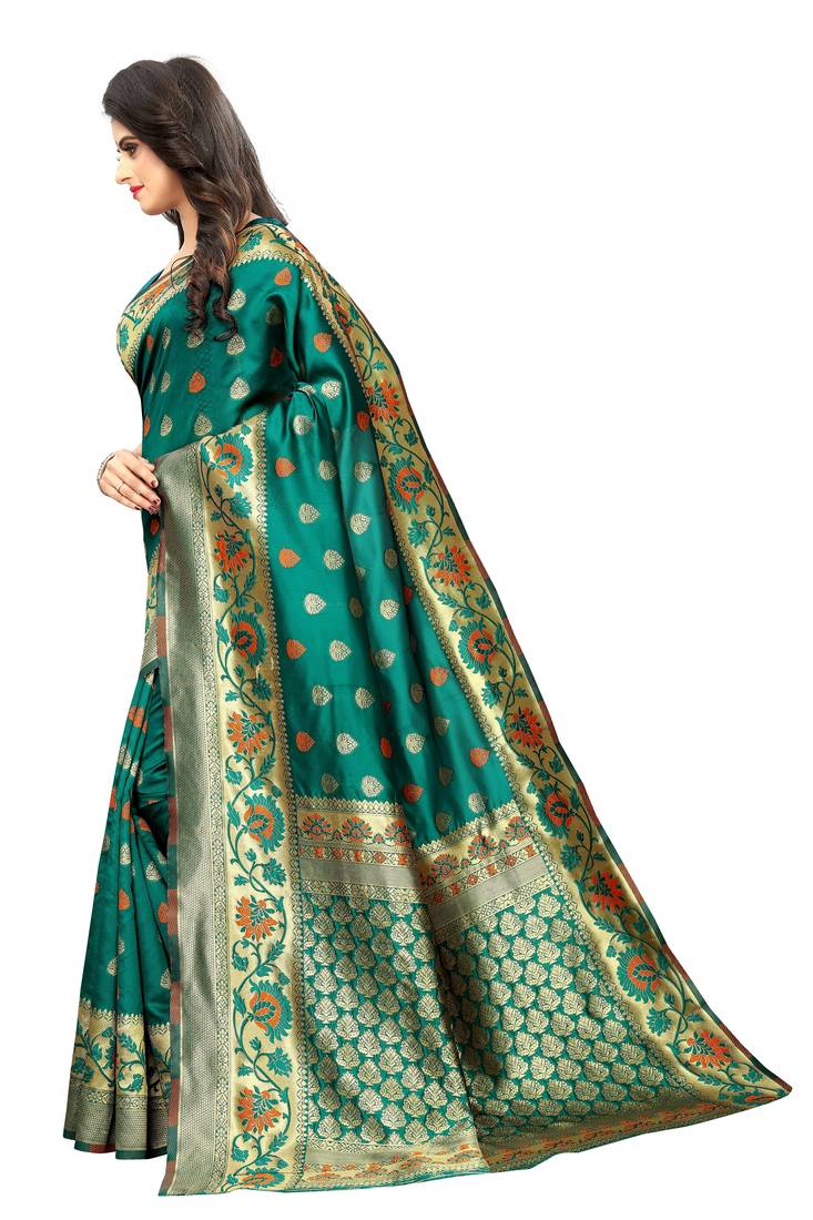 green woven art silk saree with blouse