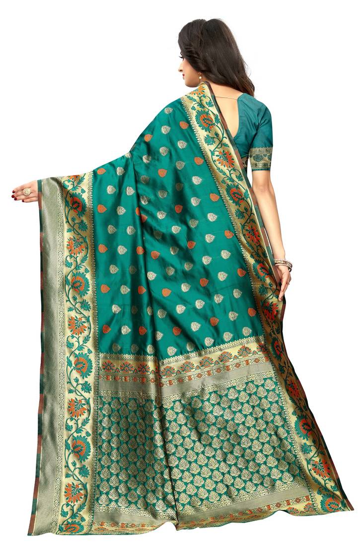 green woven art silk saree with blouse
