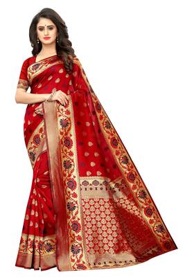 Red woven art silk saree with blouse 1