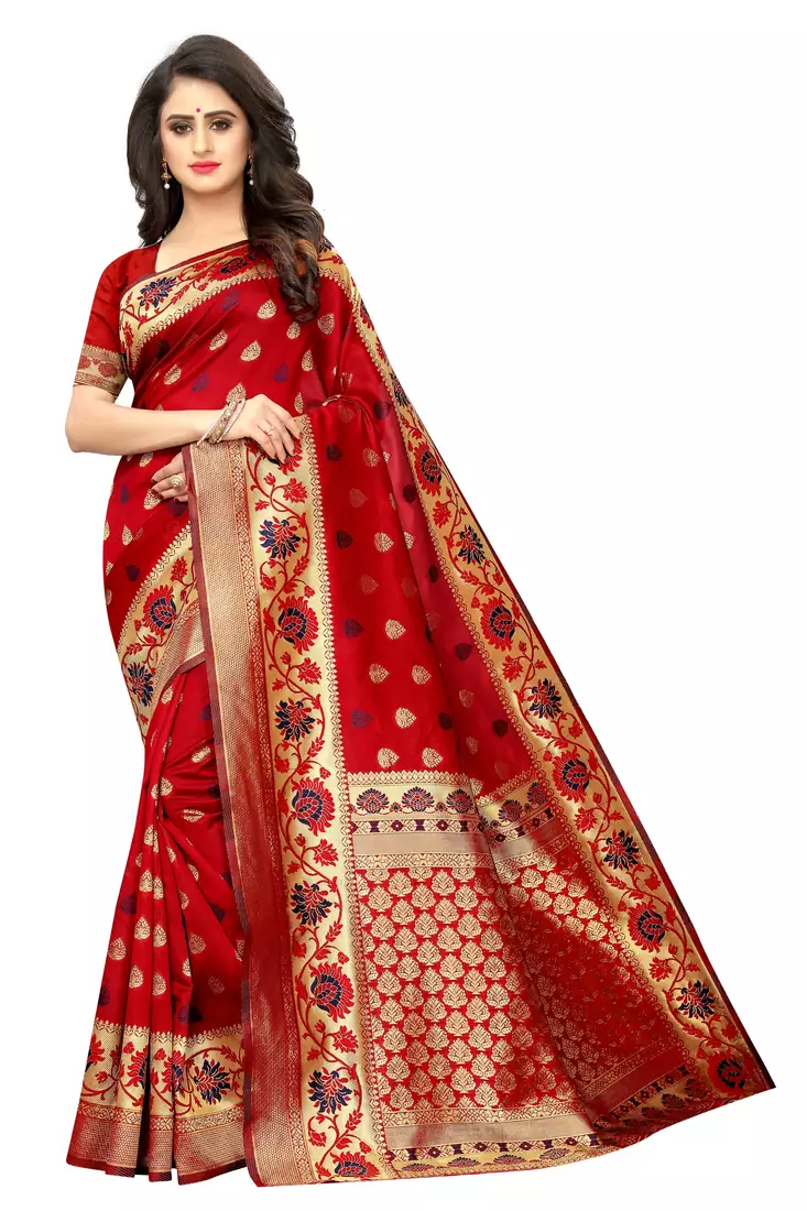 Red woven art silk saree with blouse