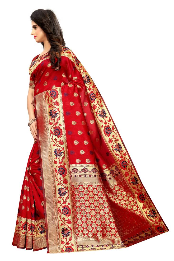 Red woven art silk saree with blouse