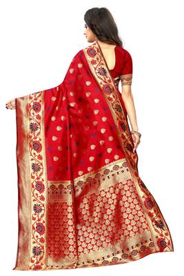 Red woven art silk saree with blouse 3