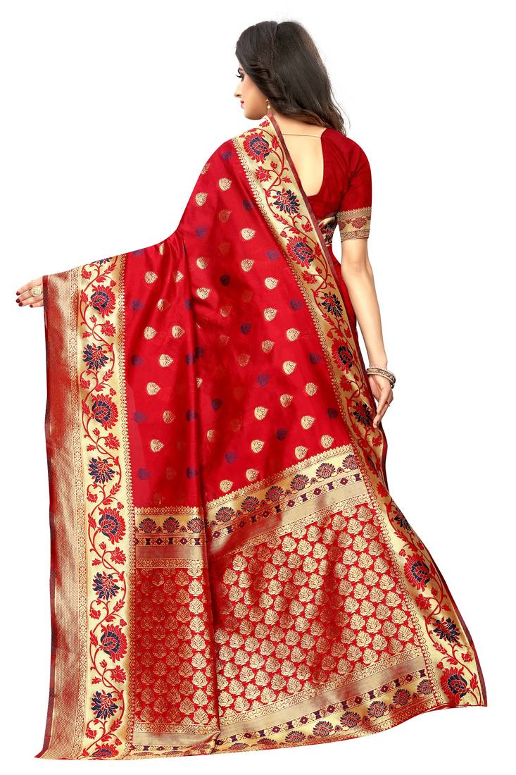 Red woven art silk saree with blouse