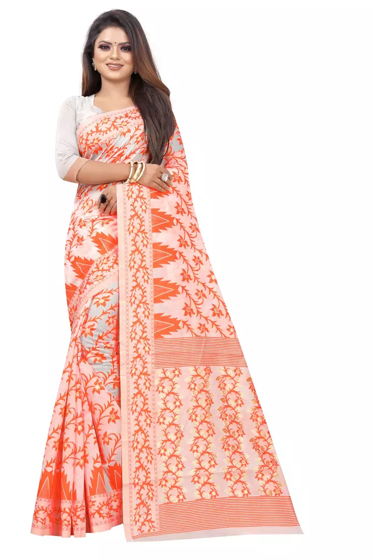 Orange woven cotton silk saree with blouse