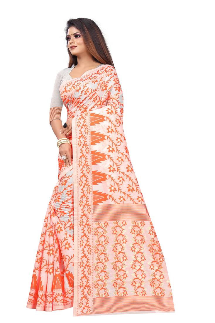 Orange woven cotton silk saree with blouse