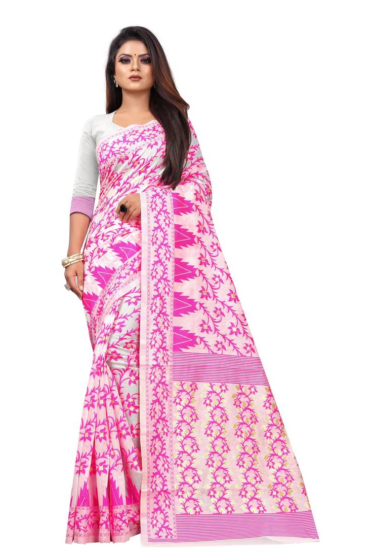 Pink woven cotton silk saree with blouse