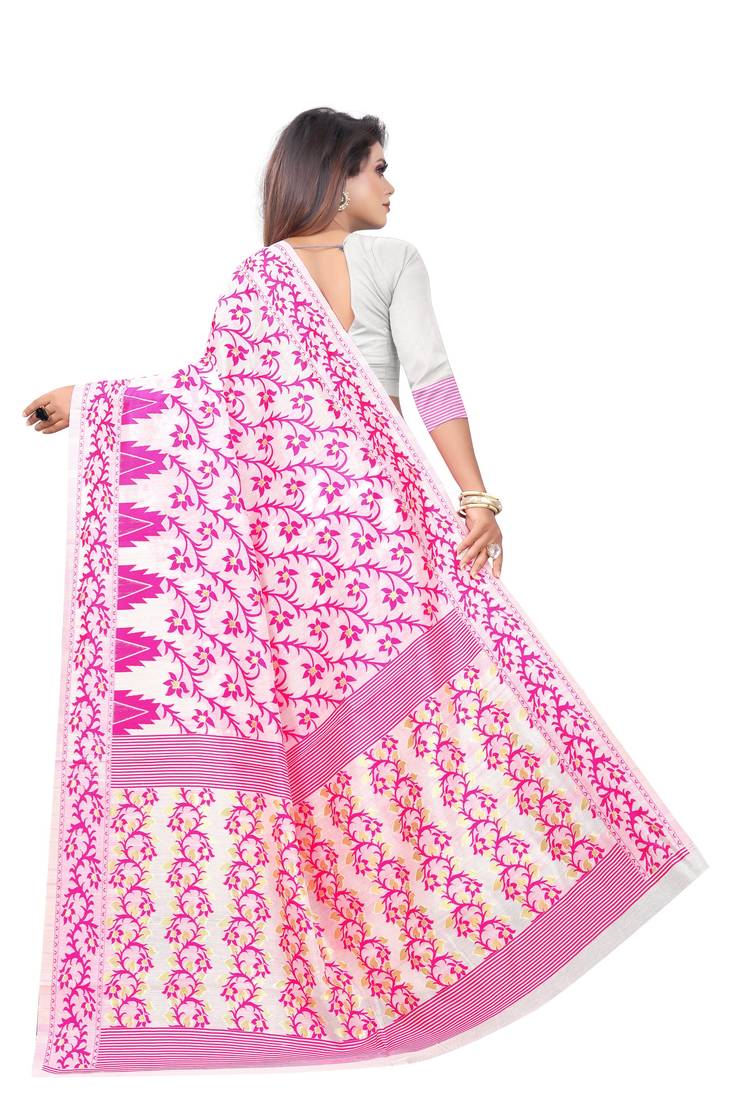 Pink woven cotton silk saree with blouse