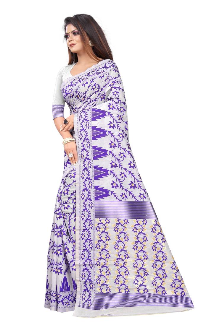 Purple woven cotton silk saree with blouse