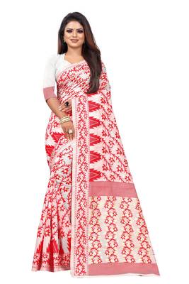 Red woven cotton silk saree with blouse 1