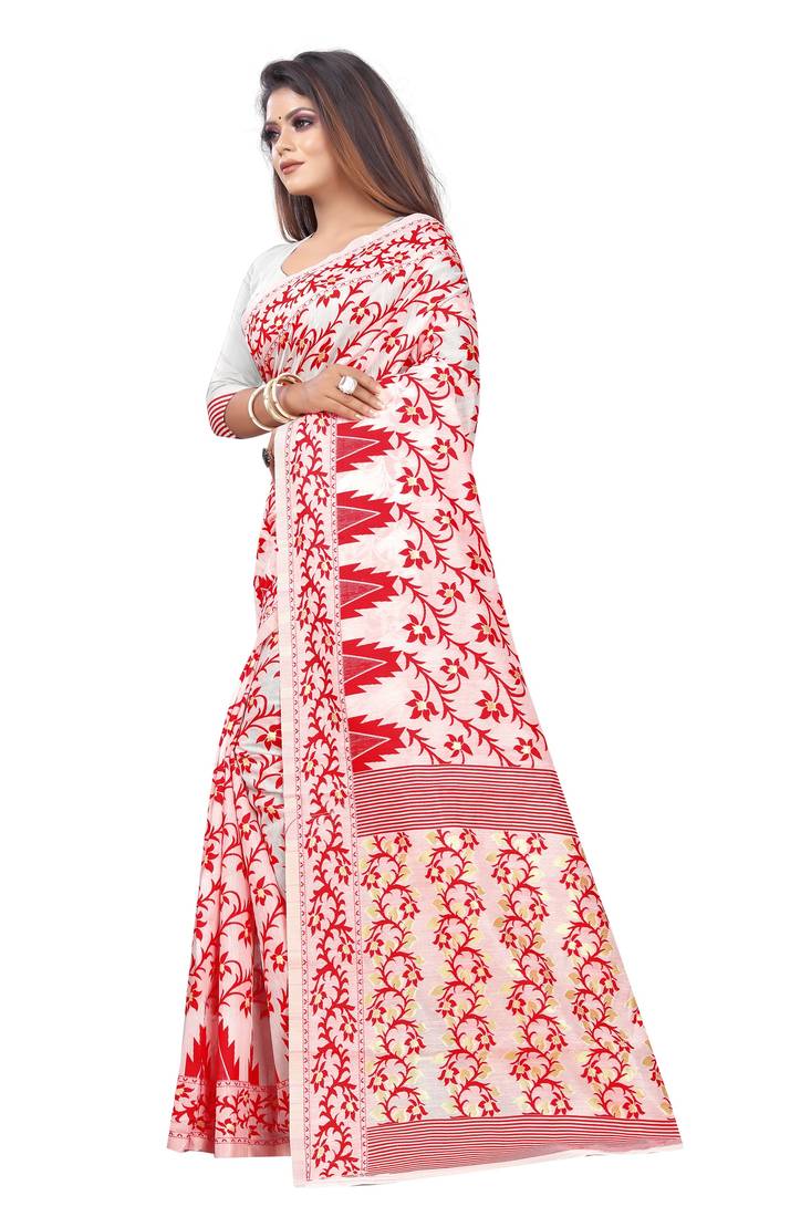 Red woven cotton silk saree with blouse