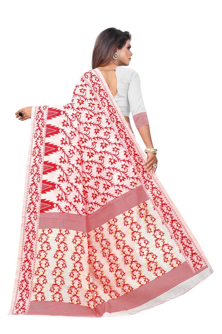 Red woven cotton silk saree with blouse