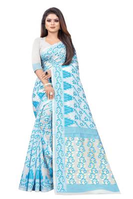 blue woven cotton silk saree with blouse 1