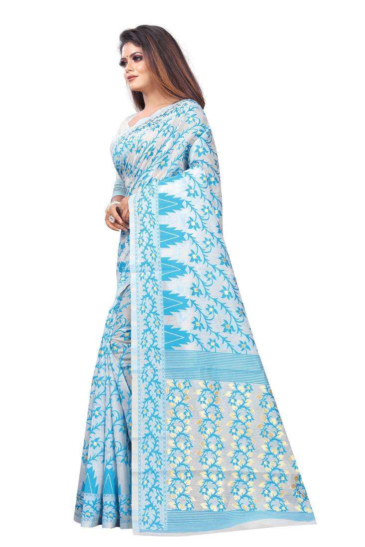 blue woven cotton silk saree with blouse