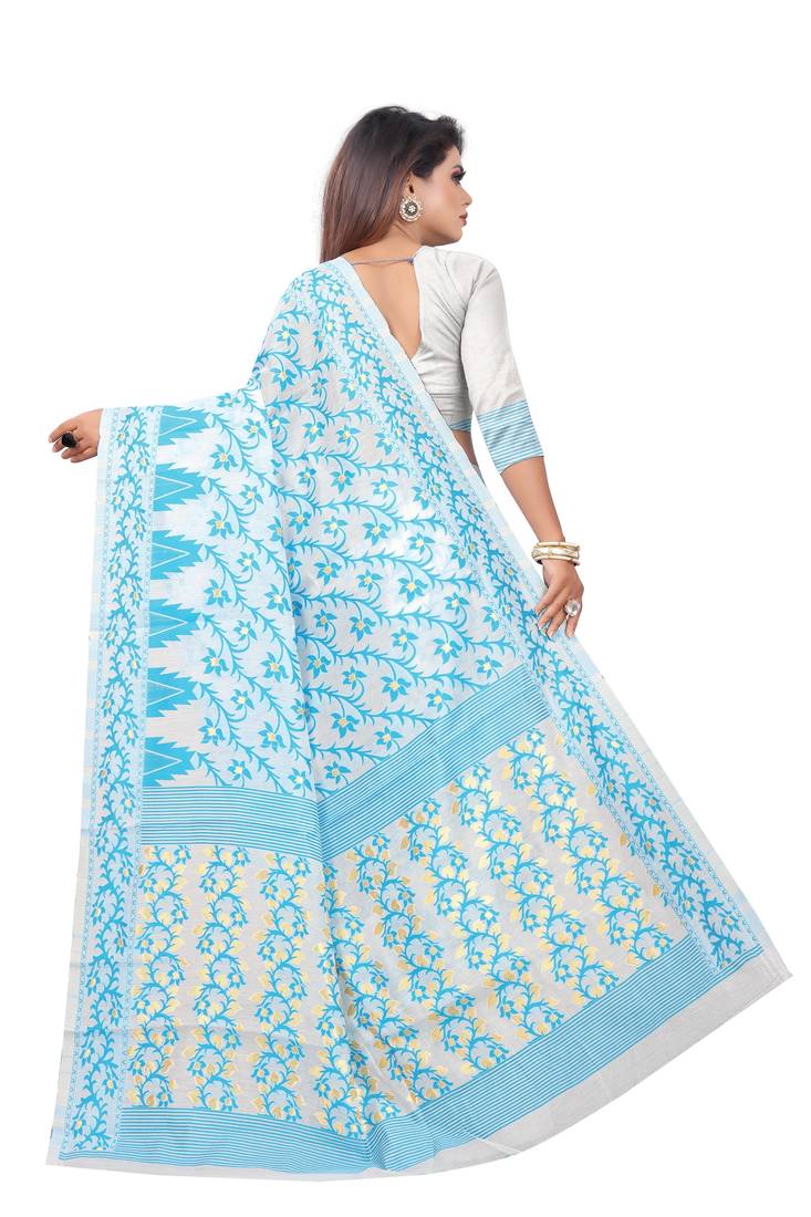 blue woven cotton silk saree with blouse