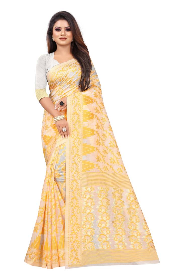 Yellow woven cotton silk saree with blouse