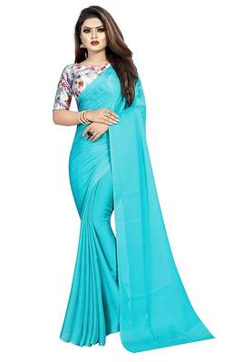 blue printed chiffon saree with blouse 1