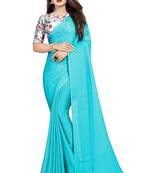 blue printed chiffon saree with blouse