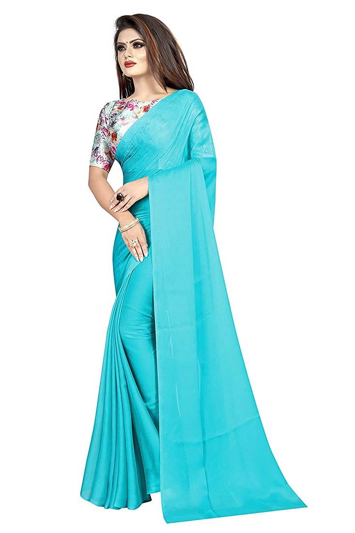 blue printed chiffon saree with blouse