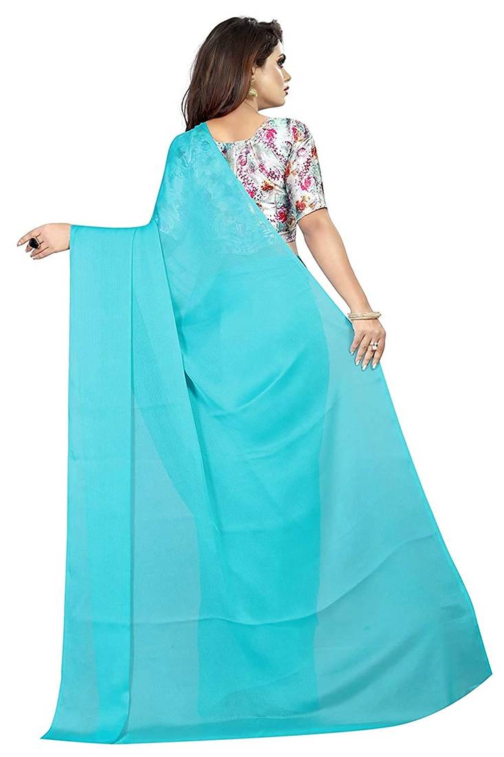 blue printed chiffon saree with blouse