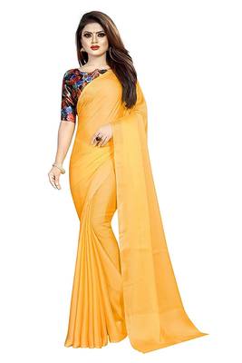 yellow printed chiffon saree with blouse 1