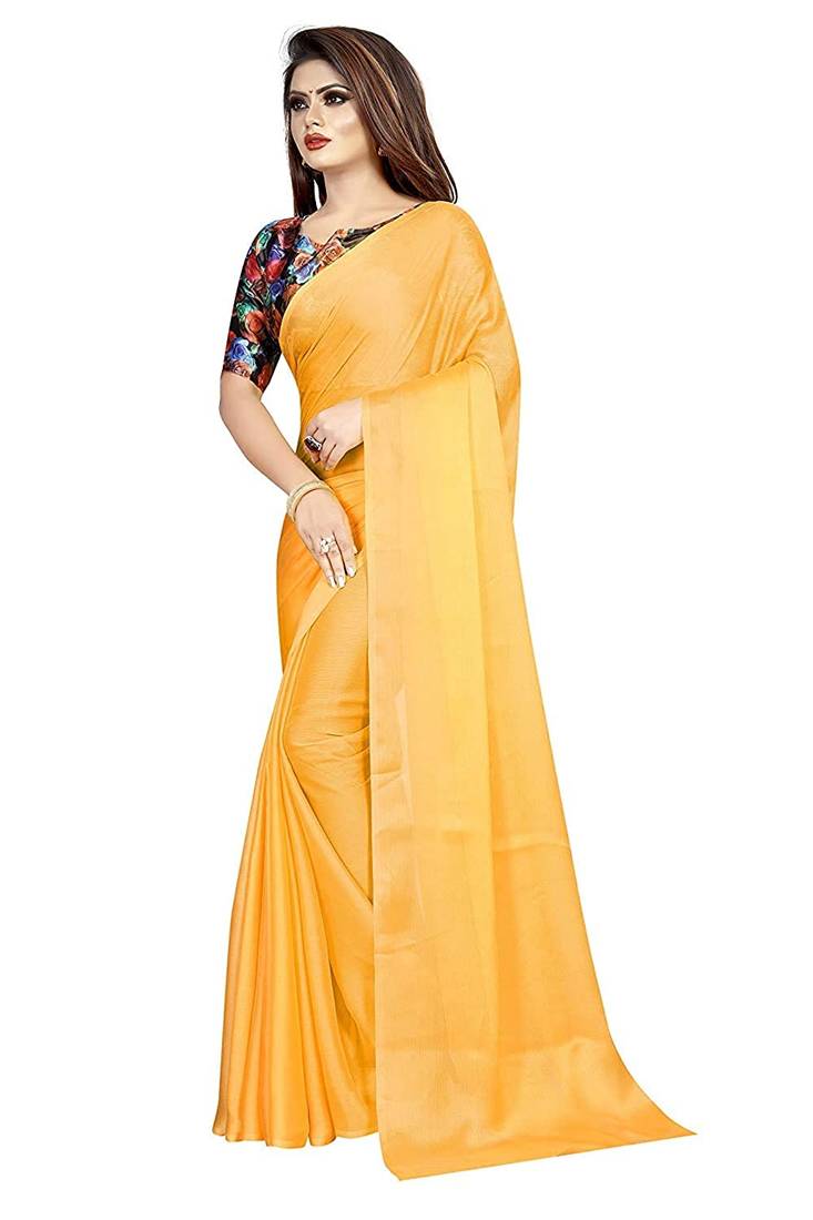 yellow printed chiffon saree with blouse