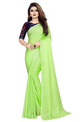green printed chiffon saree with blouse 1
