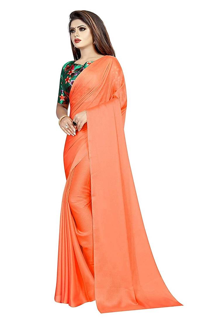 Peach printed chiffon saree with blouse