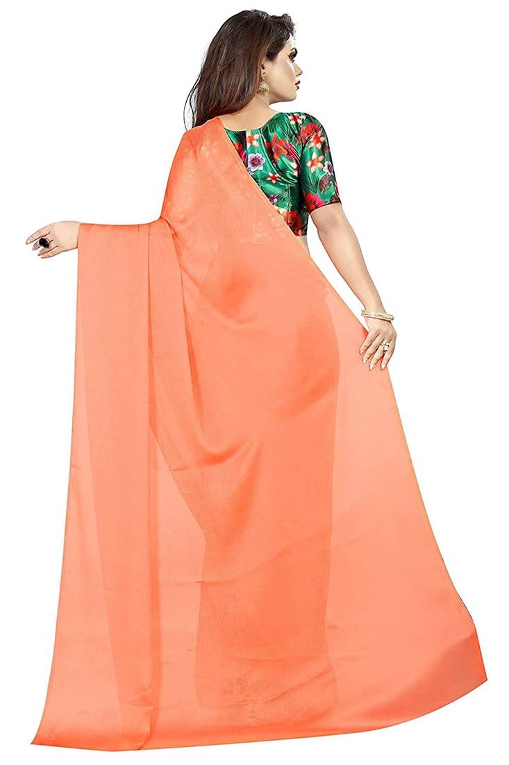 Peach printed chiffon saree with blouse