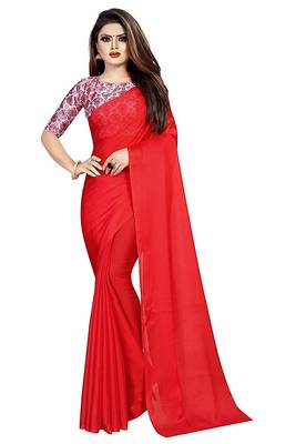 Red printed chiffon saree with blouse 1