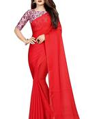 Red printed chiffon saree with blouse