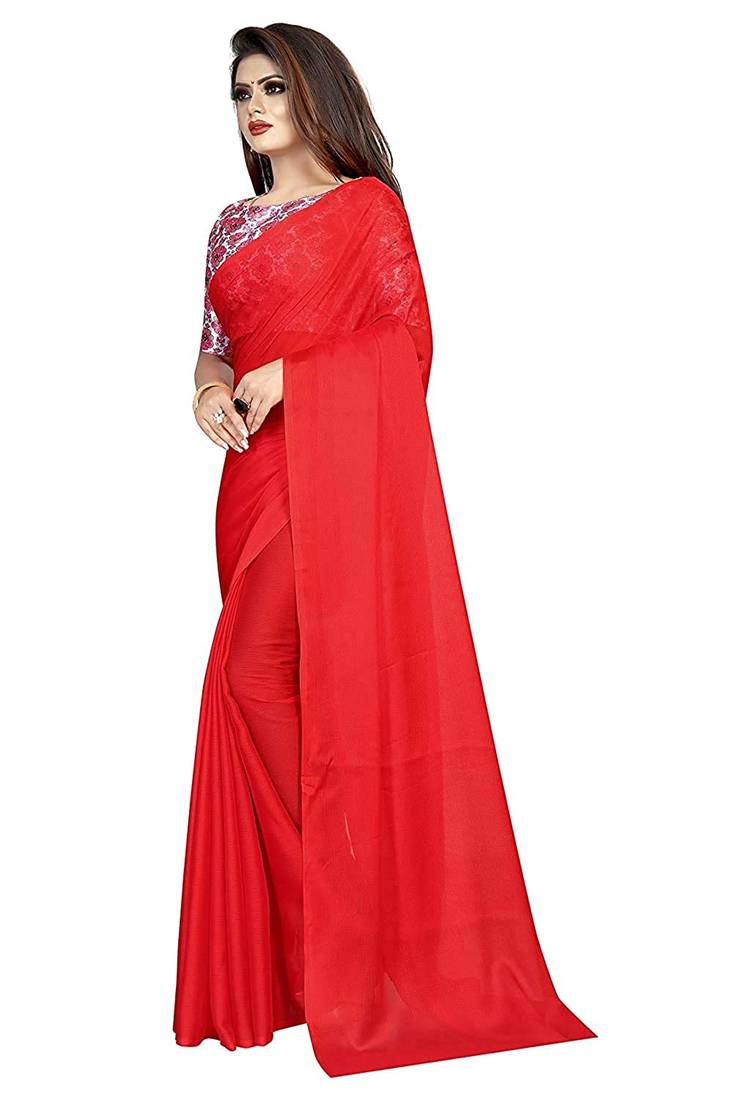 Red printed chiffon saree with blouse