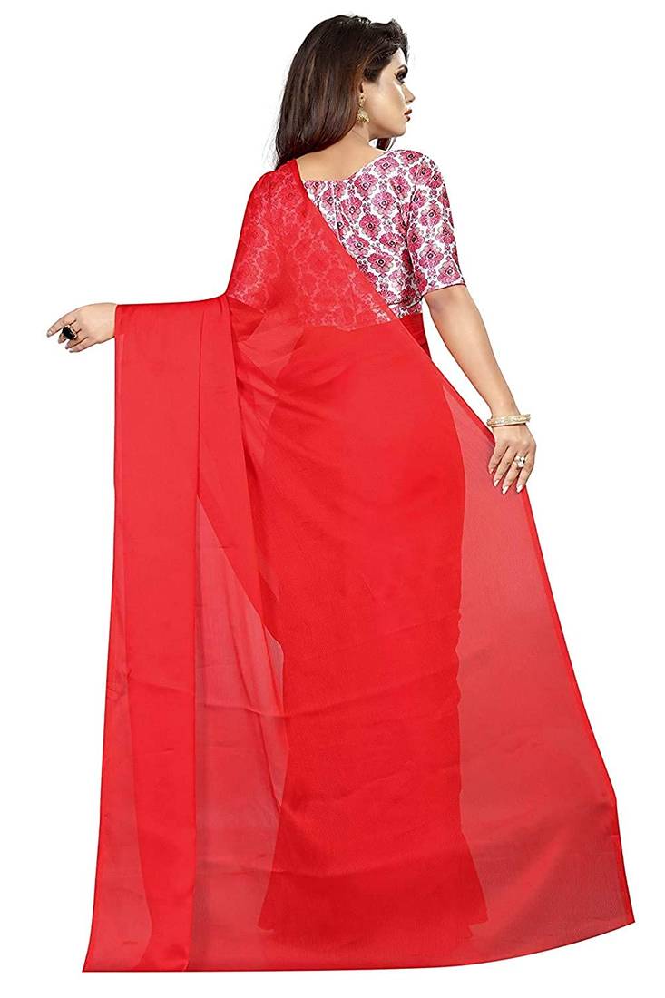 Red printed chiffon saree with blouse