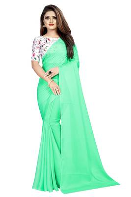 green printed chiffon saree with blouse 1