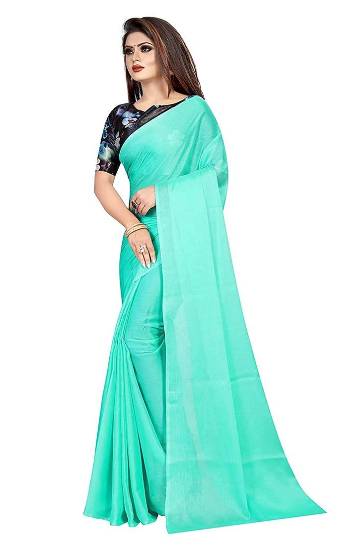blue printed chiffon saree with blouse