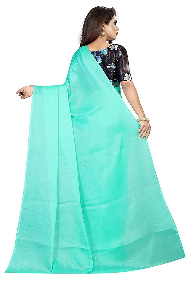 blue printed chiffon saree with blouse