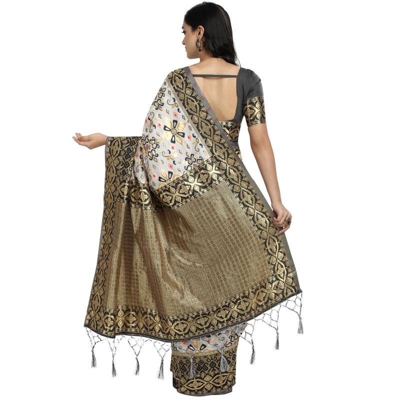 Black woven art silk saree with blouse