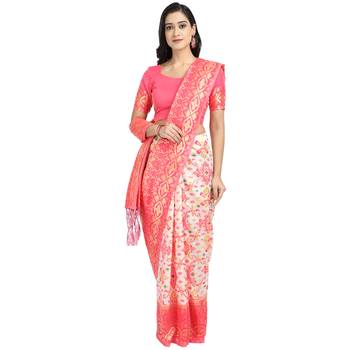 Pink woven art silk saree with blouse 1