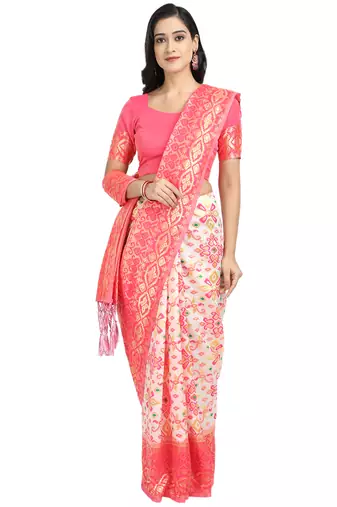 Pink woven art silk saree with blouse