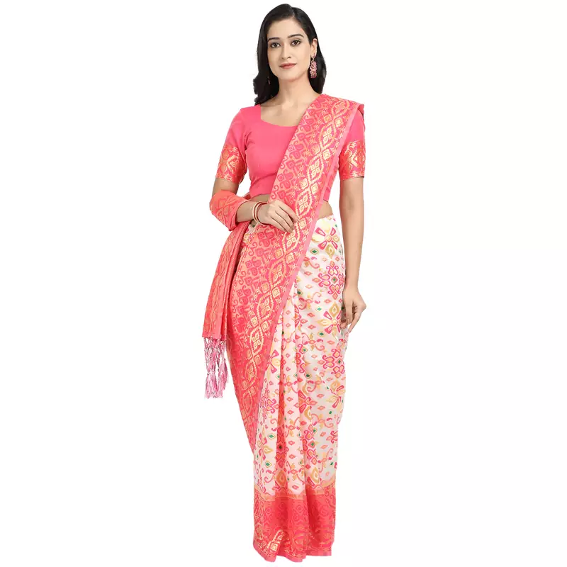Pink woven art silk saree with blouse