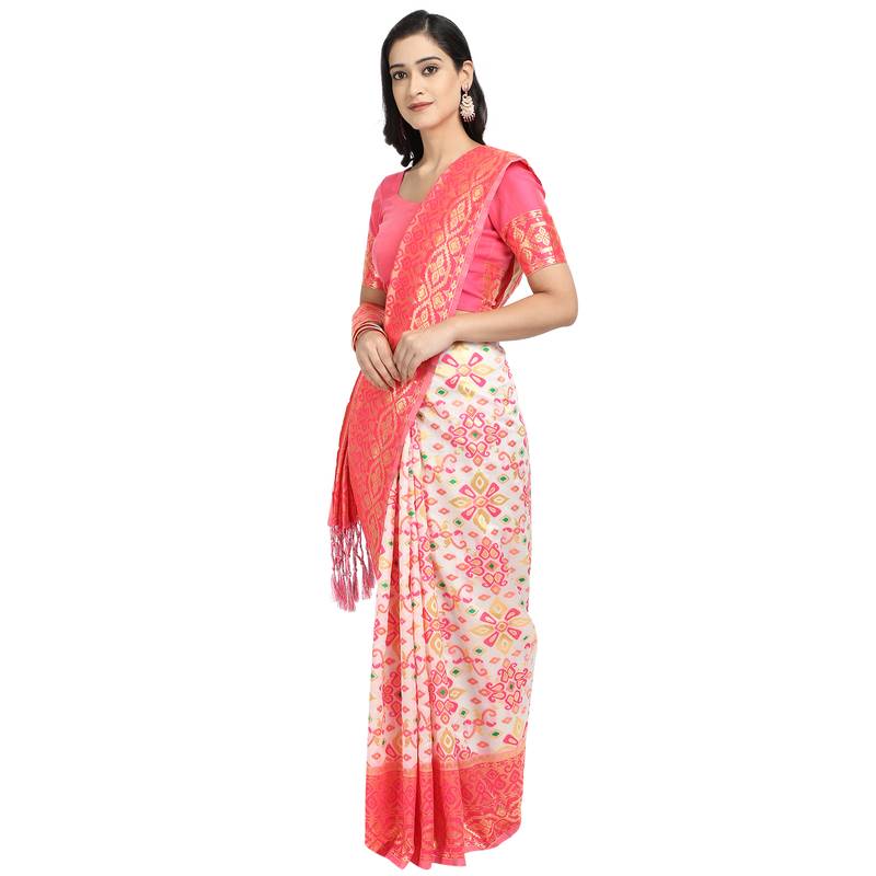 Pink woven art silk saree with blouse