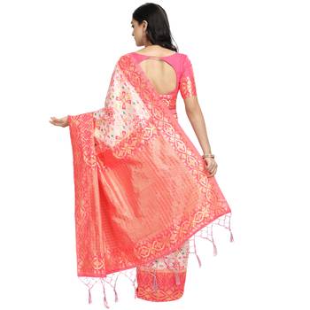 Pink woven art silk saree with blouse 3