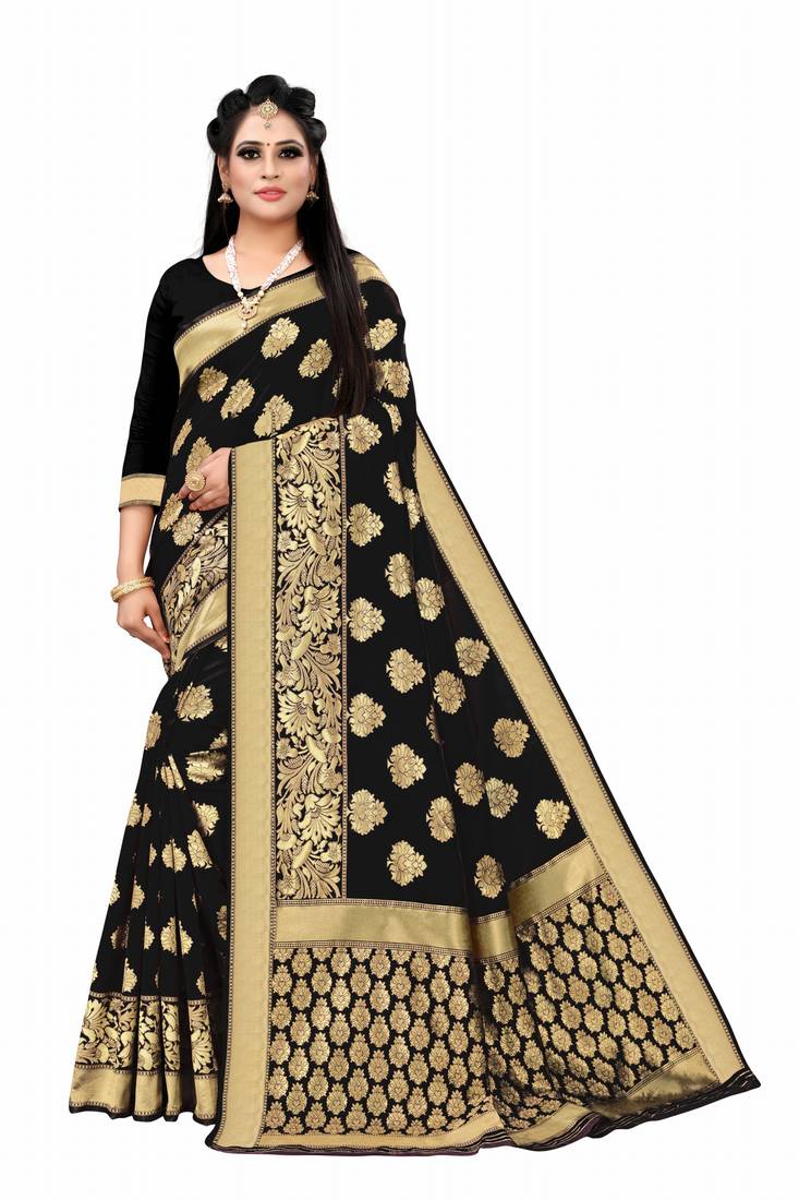 Black woven art silk saree with blouse