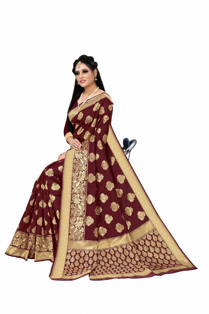 Maroon woven art silk saree with blouse